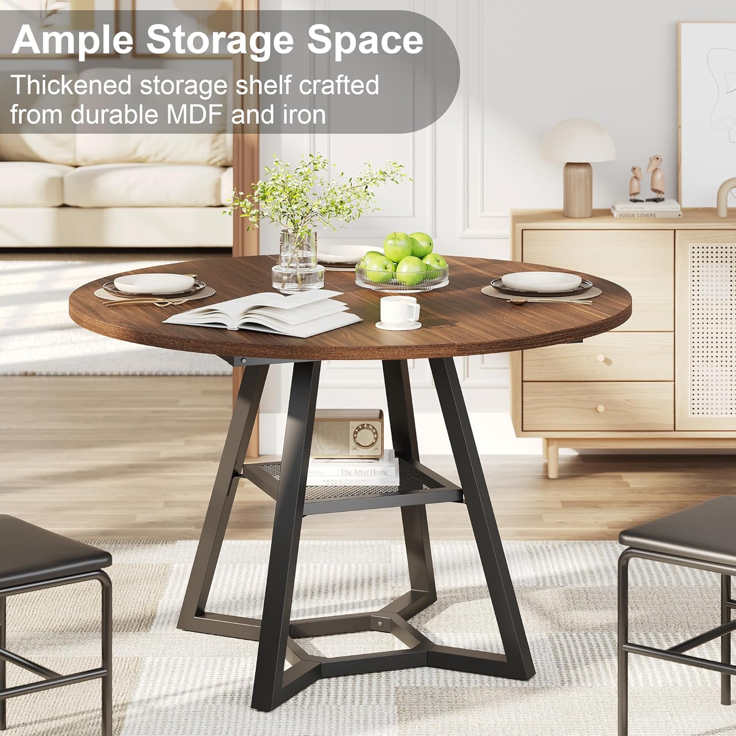 knoworld Round Dining Table for 4, Kitchen Tables Dining Room Circle Dinner Table with Pedestal Metal Frame, Space Saving Wood Industrial Kitchen & Dining Room Tables, Walnut 43In