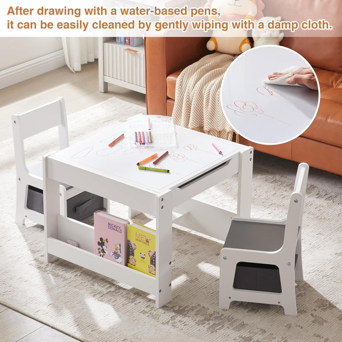 GABHX Kids Table and Chair Set, 3 in 1 Wooden Activity Table with Bookshelves and Storage Drawer, 2 in 1 Detachable Tabletop Construction Play Table Set for Drawing, Reading