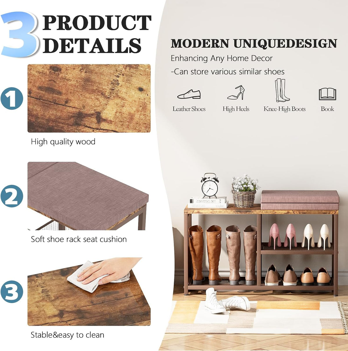Shoe Rack Bench for Entryway 3-Tier, Free Standing Shoe Racks with Seat Cushion, Narrow Shoe Storage Shelf with Boot Organizer, Shoe Rack for Small Spacesh with Wood Bench (Brown+Brown)