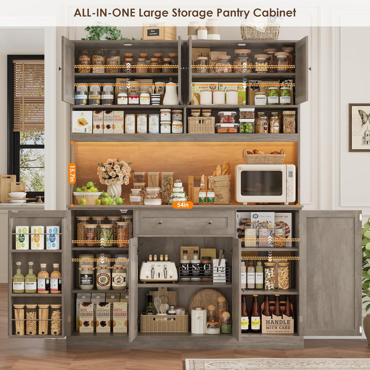 HIFIT 72.8” Tall Kitchen Pantry Cabinet with LED & Charging Station, 55” Wide Farmhouse Pantry Cabinet with Microwave Stand&Shelves&Swing-Out Door, Kitchen Hutch Coffee Bar for Living Room, Grey
