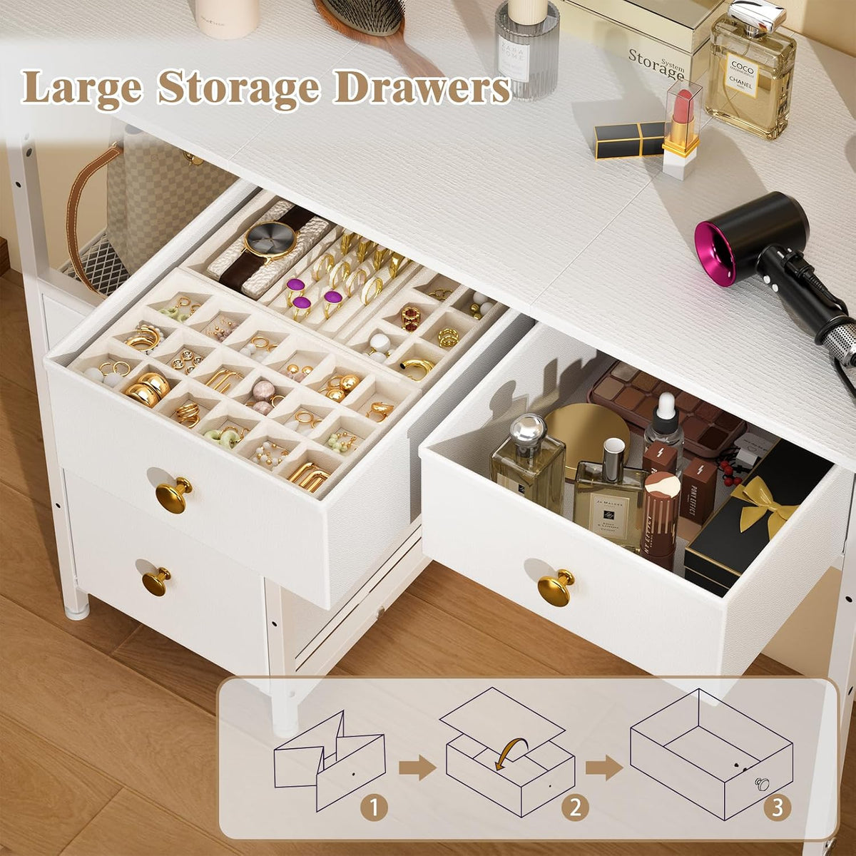 3IngSeagulls White Vanity Desk Without Mirror, Small Makeup Desk with 4 Fabric Drawers, 33.5 Inches Dressing Table with Storage, Vanity Table for Bedroom with Hook, White
