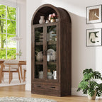 75" Tall Arched Kitchen Pantry Cabinet w Load-Bearing Steel Pipe,Modern Farmhouse Kitchens Storage Cabinet with Drawer and Glass Doors,Tall Arched Bookcase,Pantry Organizer(Rustic Brown)
