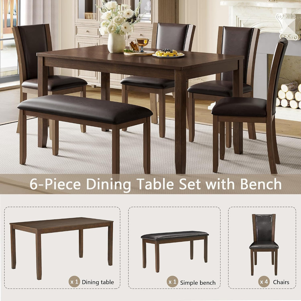 LUMISOL Farmhouse Dining Table Set for 6, Solid Wood Kitchen Table Set with 4 Upholstered Chairs and Bench for Kitchen, Dining Room, Dark Walnut