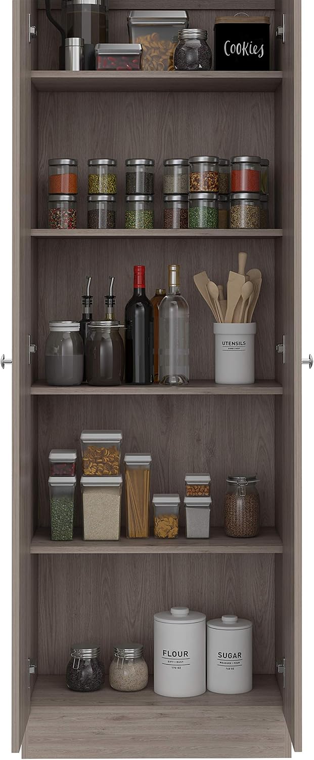 Multistorage Kitchen Pantry 70,8 inches H with Five Interior Shelves, Light Grey White