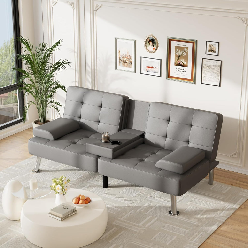 Furmax Futon Sofa Bed Adjustable Futon Couch Sleeper Sofa Bed for Living Room, Business Office, Recliner Sofas with Cup Holders (PU Leather, Gray)