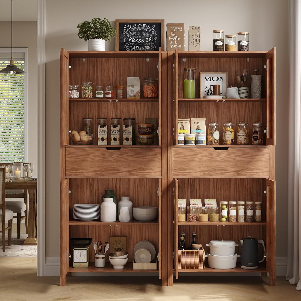 Set of 2 Pantry Cabinet, 69" Tall Freestanding Storage Cabinet with Louvered Doors and 4-Tier Adjustable Shelves, Modern Farmhouse Tall Cupboard with Large Drawers for Kitchen, Living Room, Brown