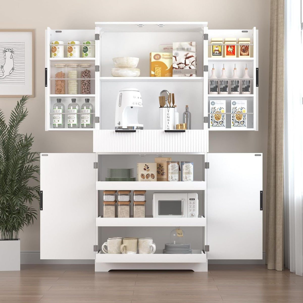 Tall Freestanding Pantry with Grooved Doors – MDF Storage Unit with 3 Pull-Out Drawers and 6 Spice Racks for Kitchen, Entryway, or Dining Room (White)