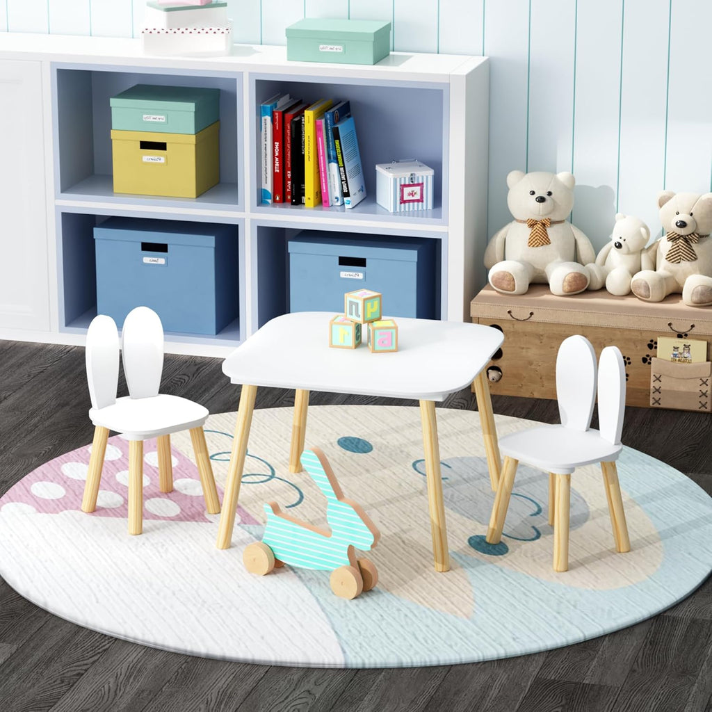 Kids Table and 2 Chairs Set, 3 Piece Wooden Toddler Table and Chair Set, White Activity Play Table and Chairs for Kids, Children's Art Desk Set (Rabbit Theme)