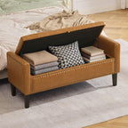 WUTUTUEE 47" Modern Water-Resistant Faux Leather Storage Ottoman Bench with Wooden Legs, Upholstered End of Bed Bench for Bedroom, Living Room or Entryway, Light Brown
