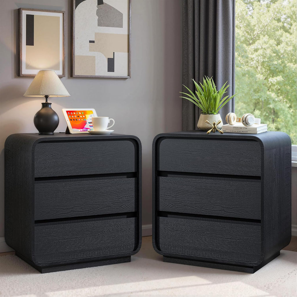Standifurno Black Curved Night Stand Set of 2 with Charging Station, 25" Tall Wood Bedside Table Nightstand with 3 Storage Drawers, Mid Century Modern End Table for Bedroom, Office