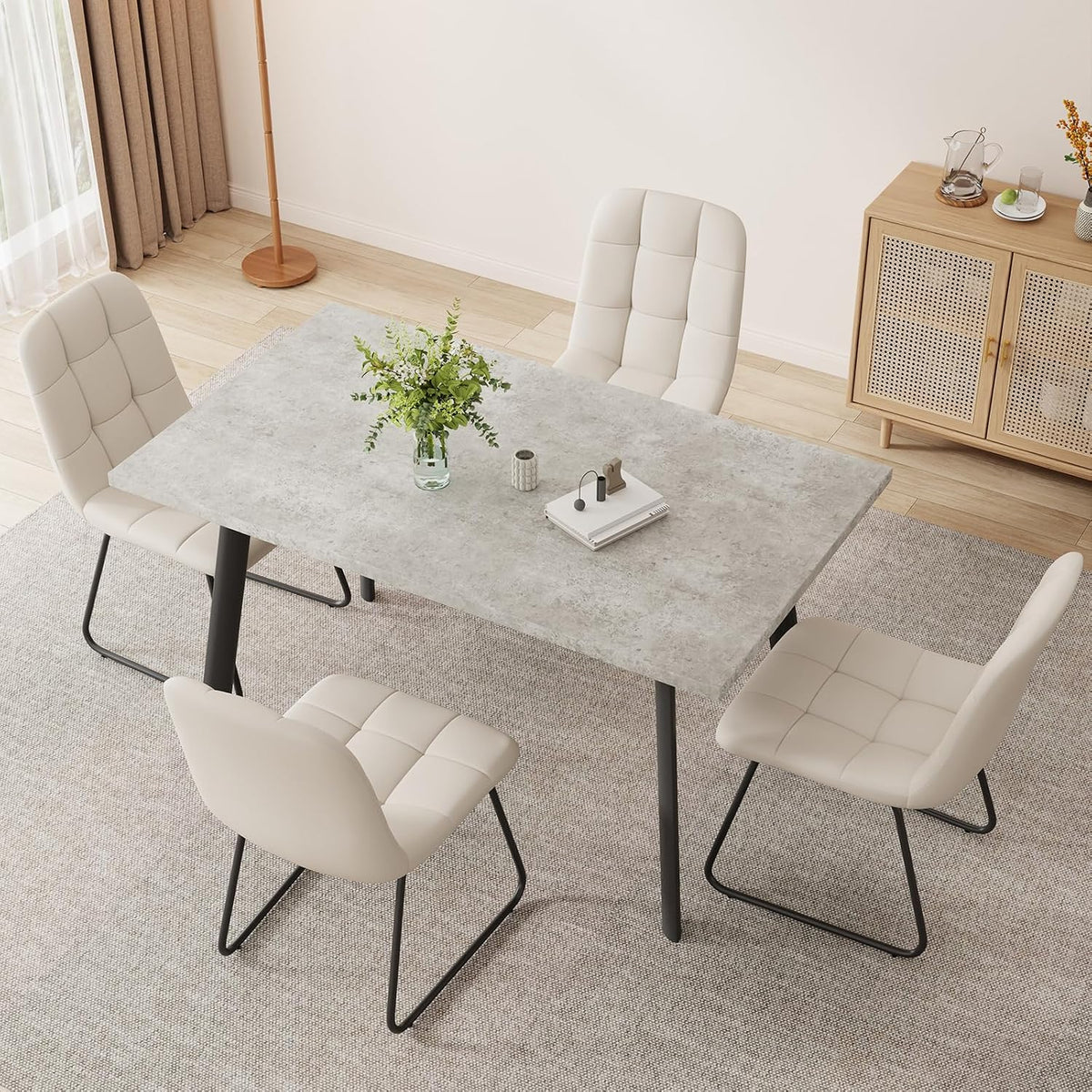 ZckyCine 47.2" Modern Grey Dining Table Set for Small Spaces, 5-Piece Set with Rectangular Table & 4 Padded Leather Chairs, Compact, Sturdy & Easy to Assemble (Table + 4 White Dining Chairs, 46.5")