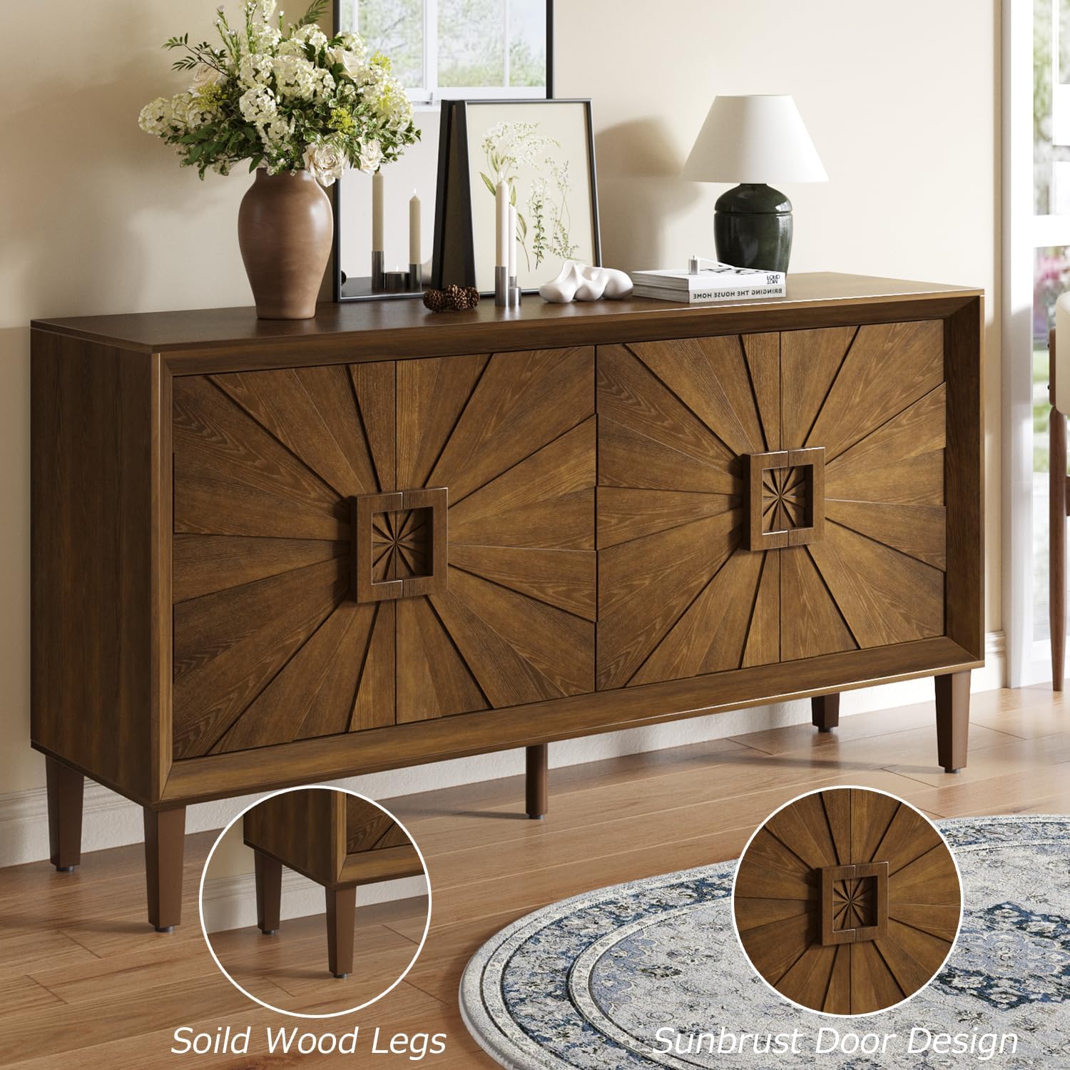 Large Buffet Sideboard Cabinet with Storage,60" Modern Cedenzas Buffet Table American Farmhouse Charm Cabinet with 4 Symmetrical Sunburst Doors for Living Room Hallway, Antique Brown