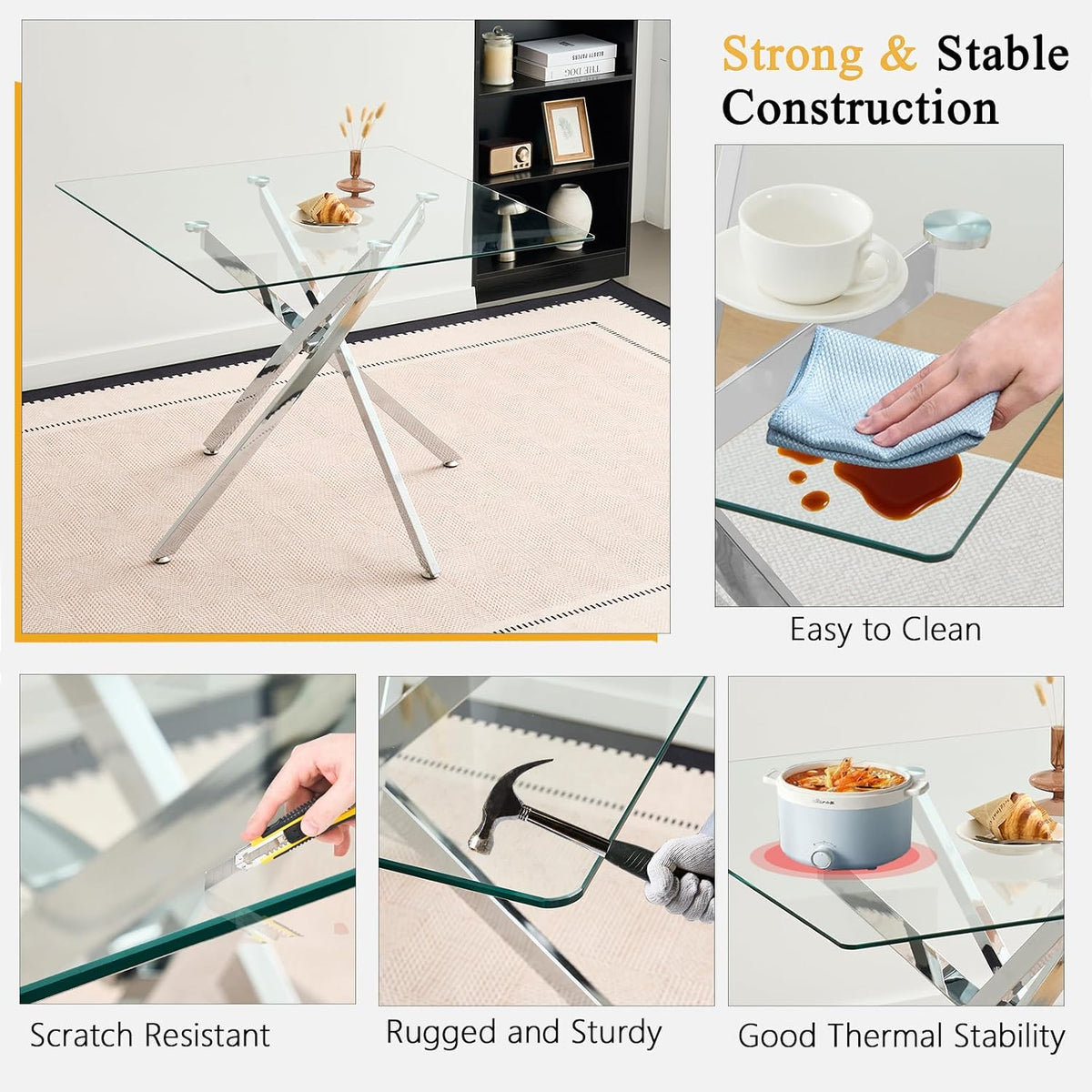 36 inch Square Glass Dining Table, Modern Dining Table for 4, Square Kitchen Table with Tempered Glass Top & Silver Chrome Metal Legs for Dining Room, Living Room, Apartment, Small Space