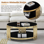 Round Glass Coffee Table Set of 3, Gold Living Room Table Set with Coffee Table and 2 End Table, 2-Tier Glass Table with Stainless Steel Legs and Black Tempered Glass for Living Room