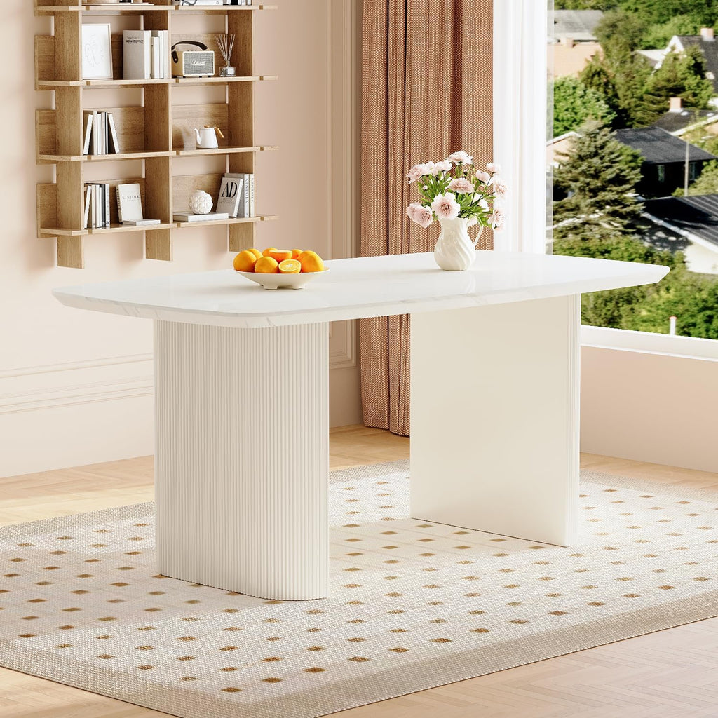TesNus 67'' White Dining Table for 6, Modern Oval Kitchen Table with Rounded Corners, 3.5'' Faux Marble Top and Cream White Pedestal Base, Space Saving Dining Table for Kitchen & Dining Room