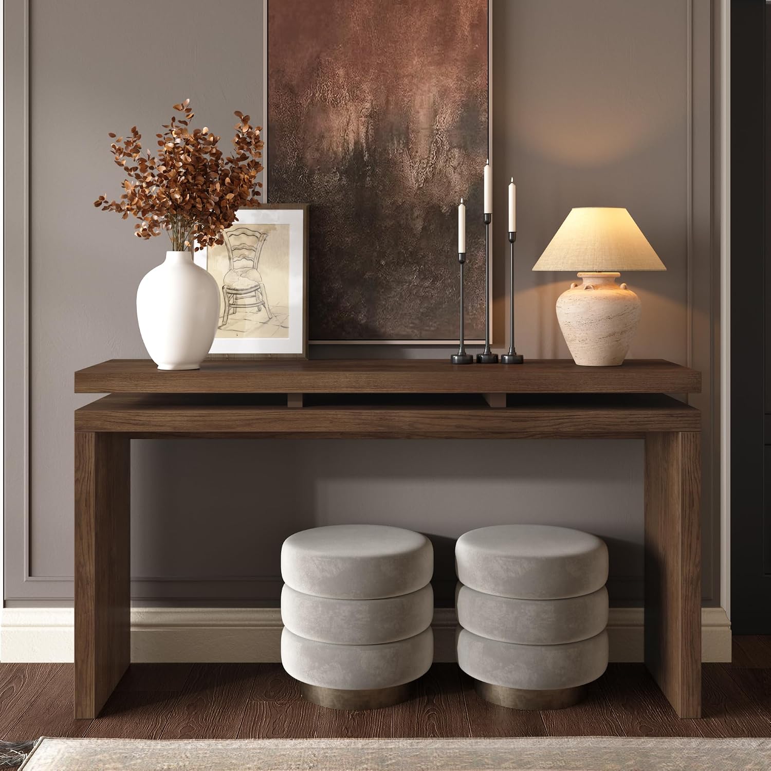 60" Antique Natural Farmhouse Console Table with Double Board Suspension Design, Versatile Buffet Sideboard, Retro Wooden Sofa Side Table for Entryway, Hallway and Living Room (Antique Brown-02)
