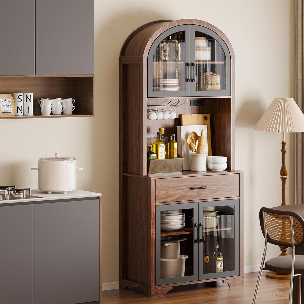 Arched Kitchen Pantry Cabinet, Kitchen Hutch Storage Cabinet with Countertop and Charging Station, Tall Coffee Bar Cabinet with Storage, Dining Room Kitchen Hutch Cabinet with Storage