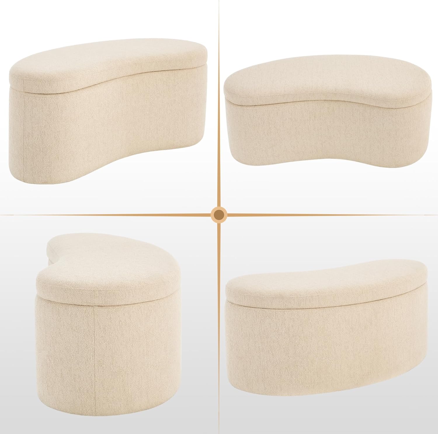 Zesthouse Storage Bench for Bedroom End of Bed, 39.4" Small Curved Entryway Ottoman Bench, Beige Linen Fabric Bench Seat for Living Room Hall Mudroom, Modern Upholstered Coffee Table Crescent Shape