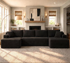 134 Inch Modular Sectional Sofa, Cloud Couch for Living Room | Modern Corduroy Couch with Side Pockets & Cup Holders, Oversized 4-Seater Deep Seat Sofa, No Assembly Required, Black