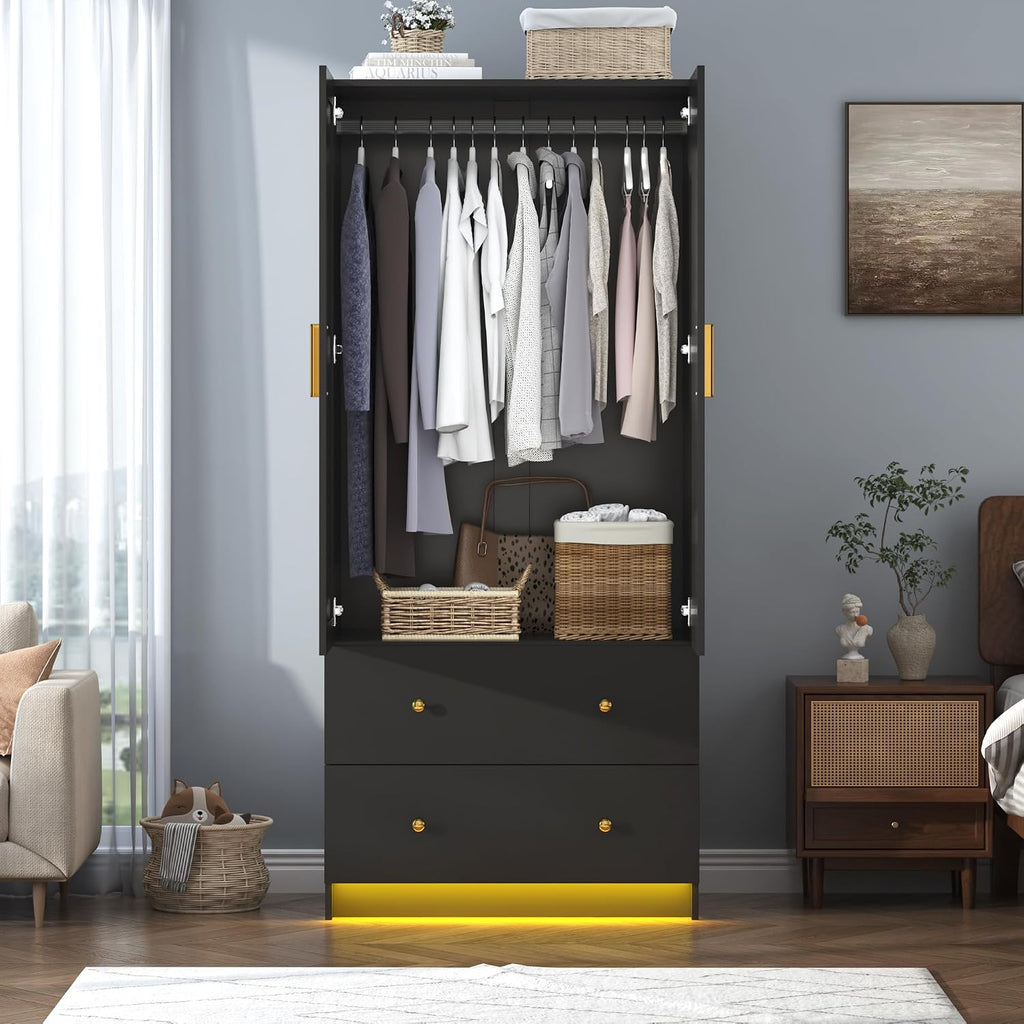 chartustriable 2 Doors Armoire Wardrobe Closet with Mirror, LED Closet with Doors and Drawers, Wooden Wardrobe Storage Cabinet with Hanging Rod, Small Armoire, Black