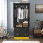 chartustriable 2 Doors Armoire Wardrobe Closet with Mirror, LED Closet with Doors and Drawers, Wooden Wardrobe Storage Cabinet with Hanging Rod, Small Armoire, Black