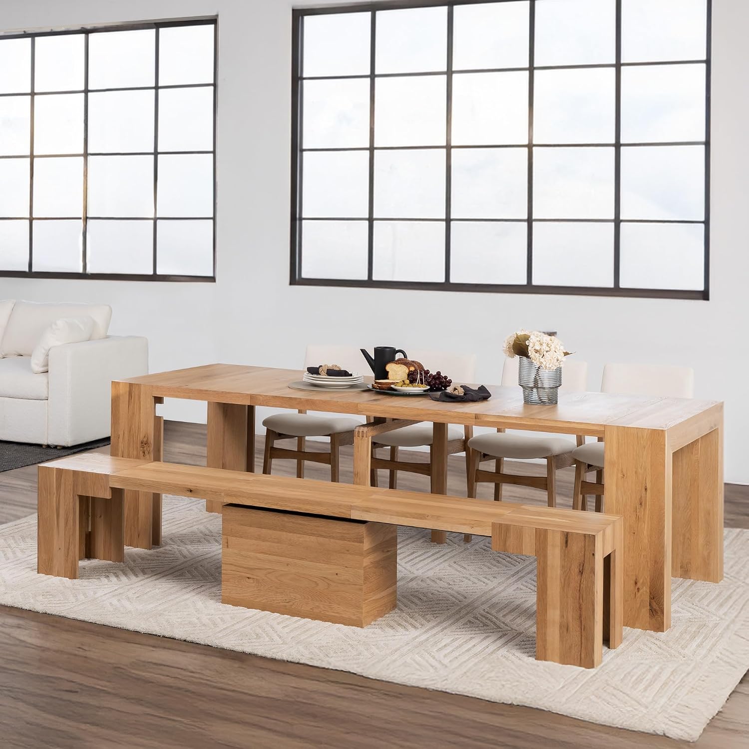 Transformer Table - Extendable Dining Bench, Solid Wood Expandable Seating 1–6, Multifunctional Dining Bench with Integrated Storage, Modern Farmhouse Wood Bench, Natural