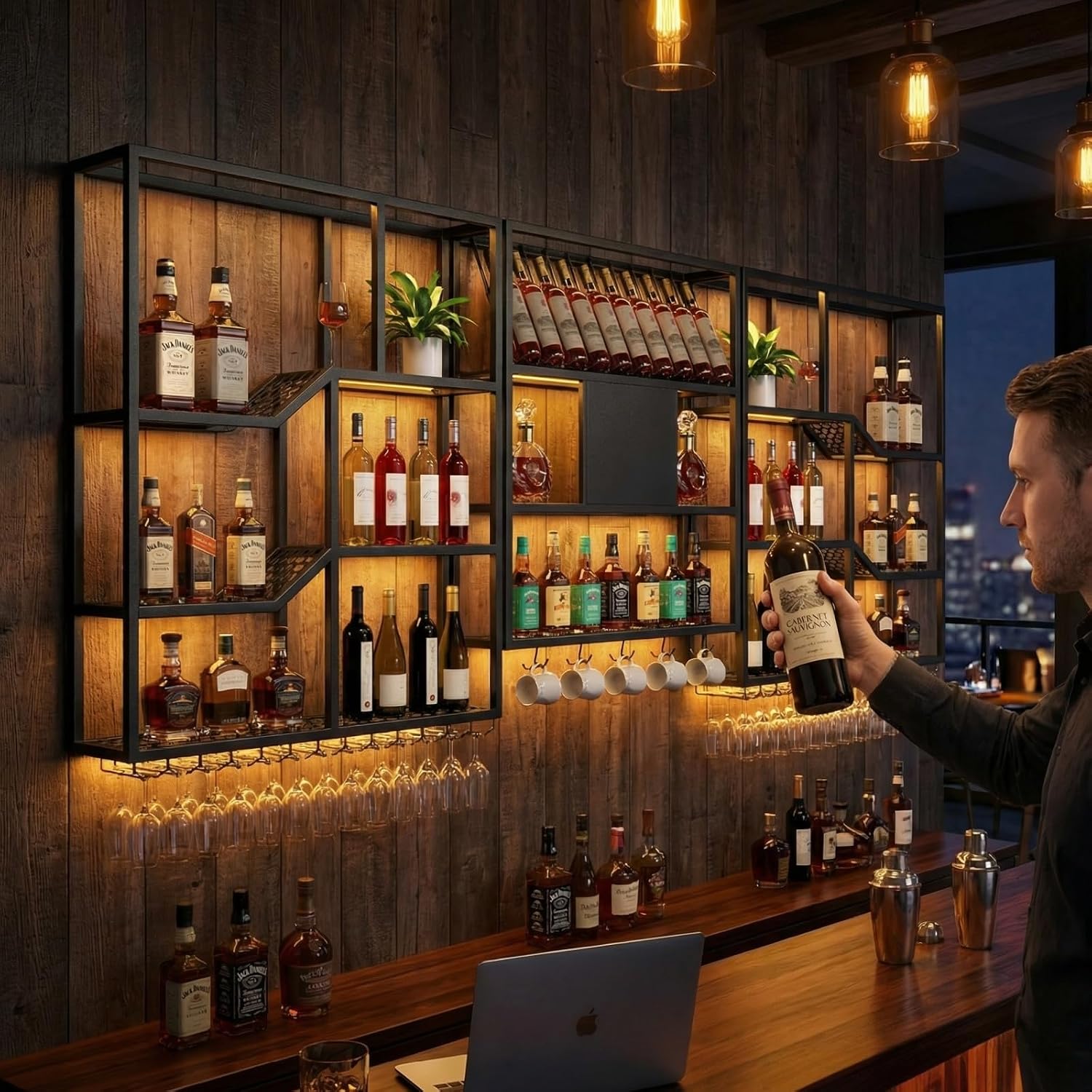 79" Large Metal Wine Rack Wall Mounted, 3 Tier Liquor Shelf & Liquor Rack Wall Mounted with LED Light, Bar Shelf for Liquor Bottles & Glass Holder for Dining Room,Home Bar,Black