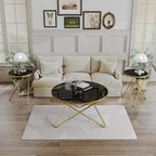 HLR Modern Round Coffee Table and Side Table Set of 3,End Table with Faux Marble Top and Gold Metal Frame, Side Table for Living Room, Bedroom, Sofa and Couch, Gold Legs, Black Marble Top