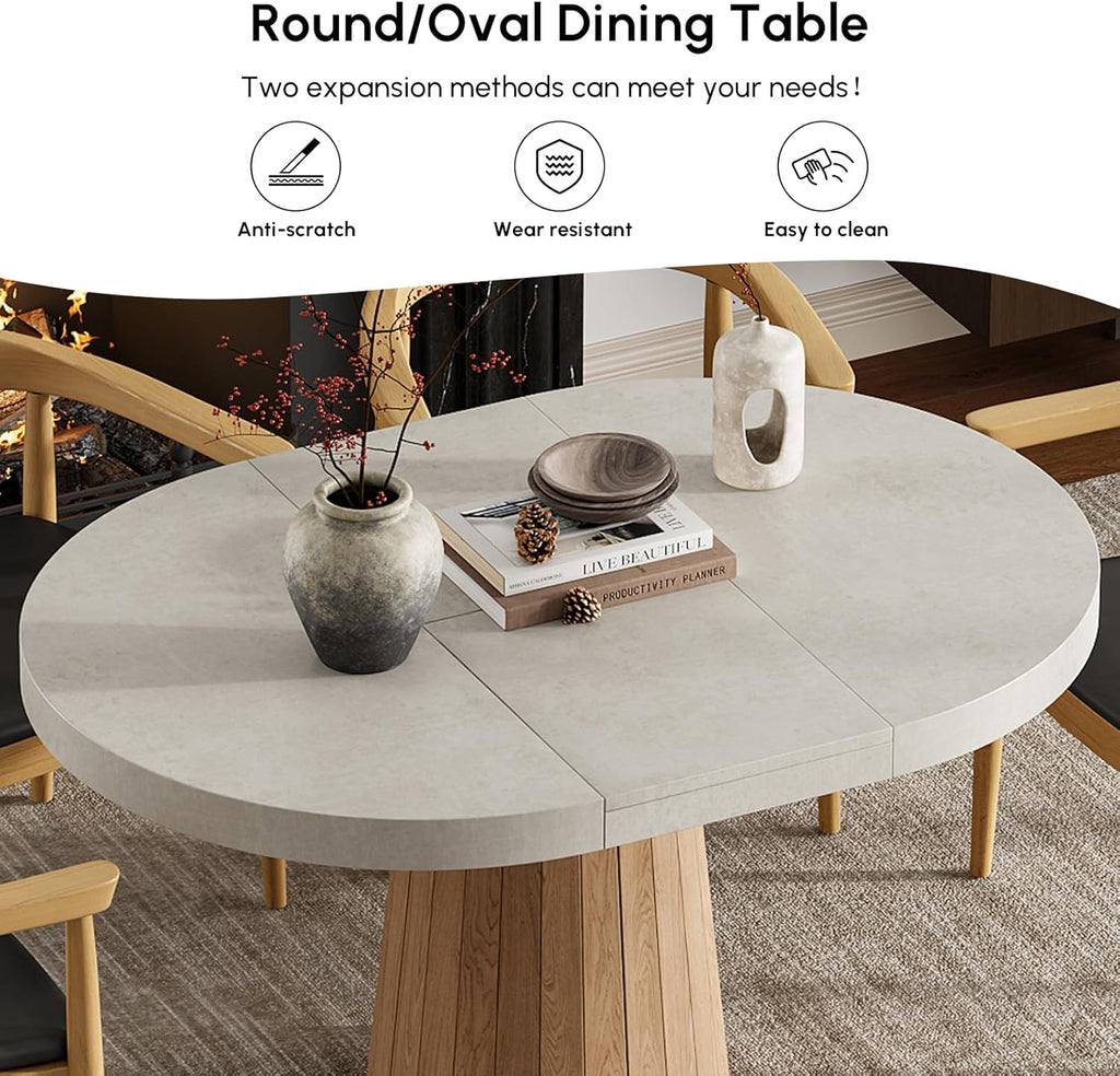 homary Extendable Dining Table for 6 Round to Oval 39"-55", Solid Wood Kitchen Table for 4-6 People, Space-Saving Design for Small Spaces & Family Gatherings