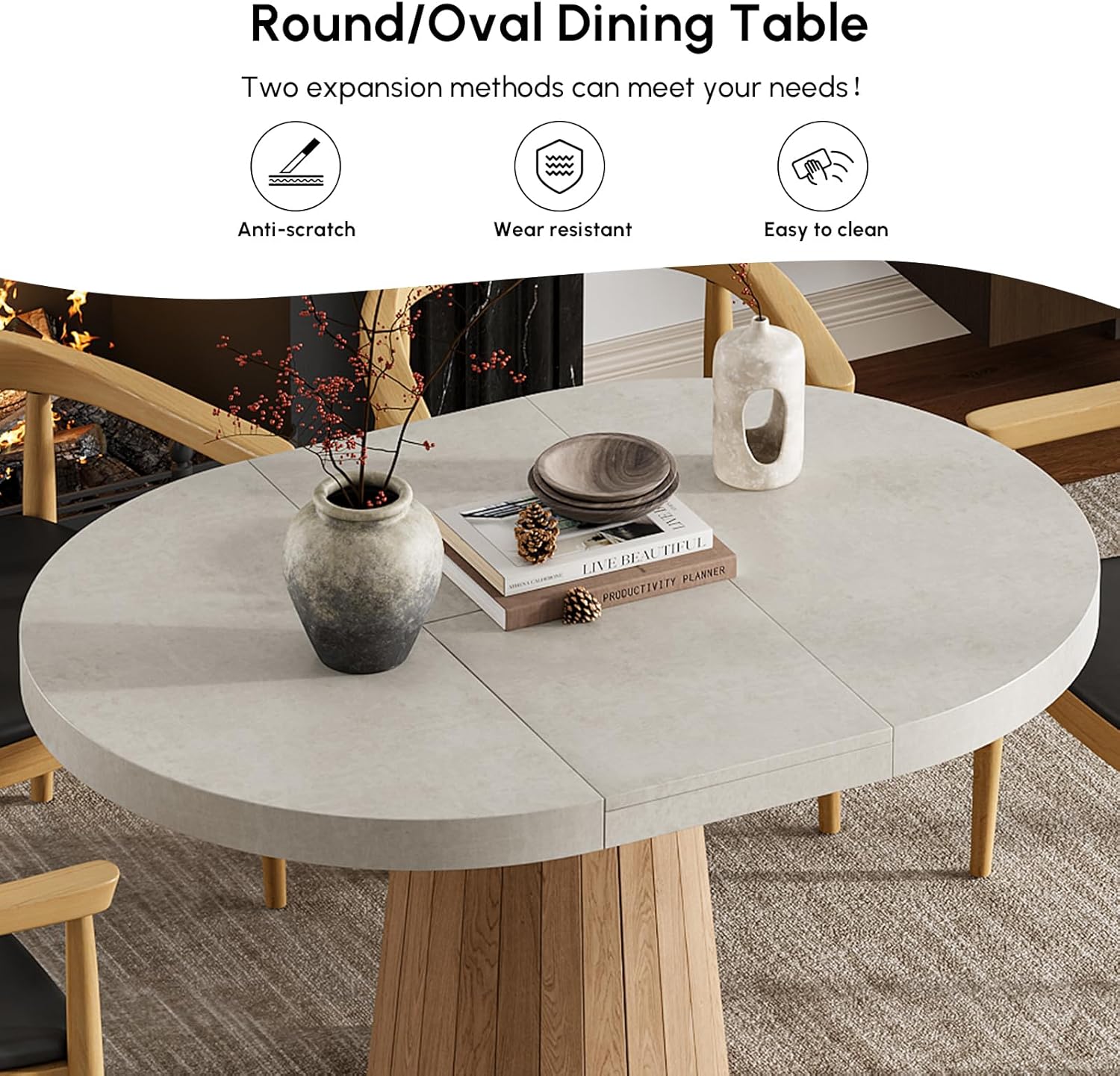 homary Extendable Dining Table for 6 Round to Oval 39"-55", Solid Wood Kitchen Table for 4-6 People, Space-Saving Design for Small Spaces & Family Gatherings