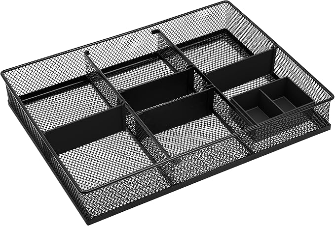 CAXXA Mesh 3 Slot Desk Drawer Organizer with Four Adjustable Dividers - Black