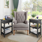 End Tables Living Room Set of 2, 3-Tier Narrow Sofa Side Table with Drawer and 2 Shelf, Small Nightstand for Bedroom, Living Room, Black
