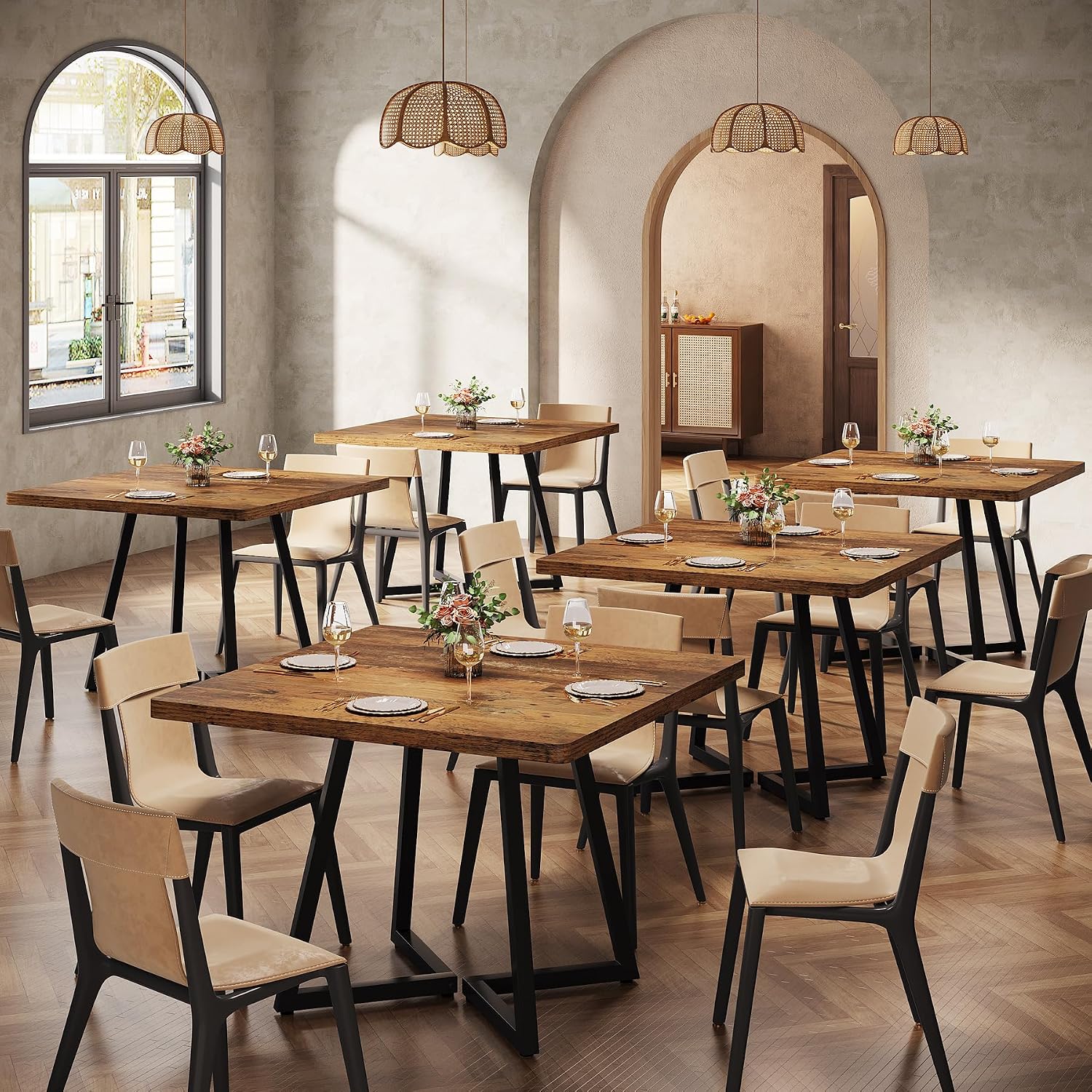 Tribesigns Square Commercial Dining Table Set of 6, 31.5" Dinner Table with Metal Base, Wooden Kitchen Table for Restaurant, Cafe, Bakery, School, Apartment, Dark Brown