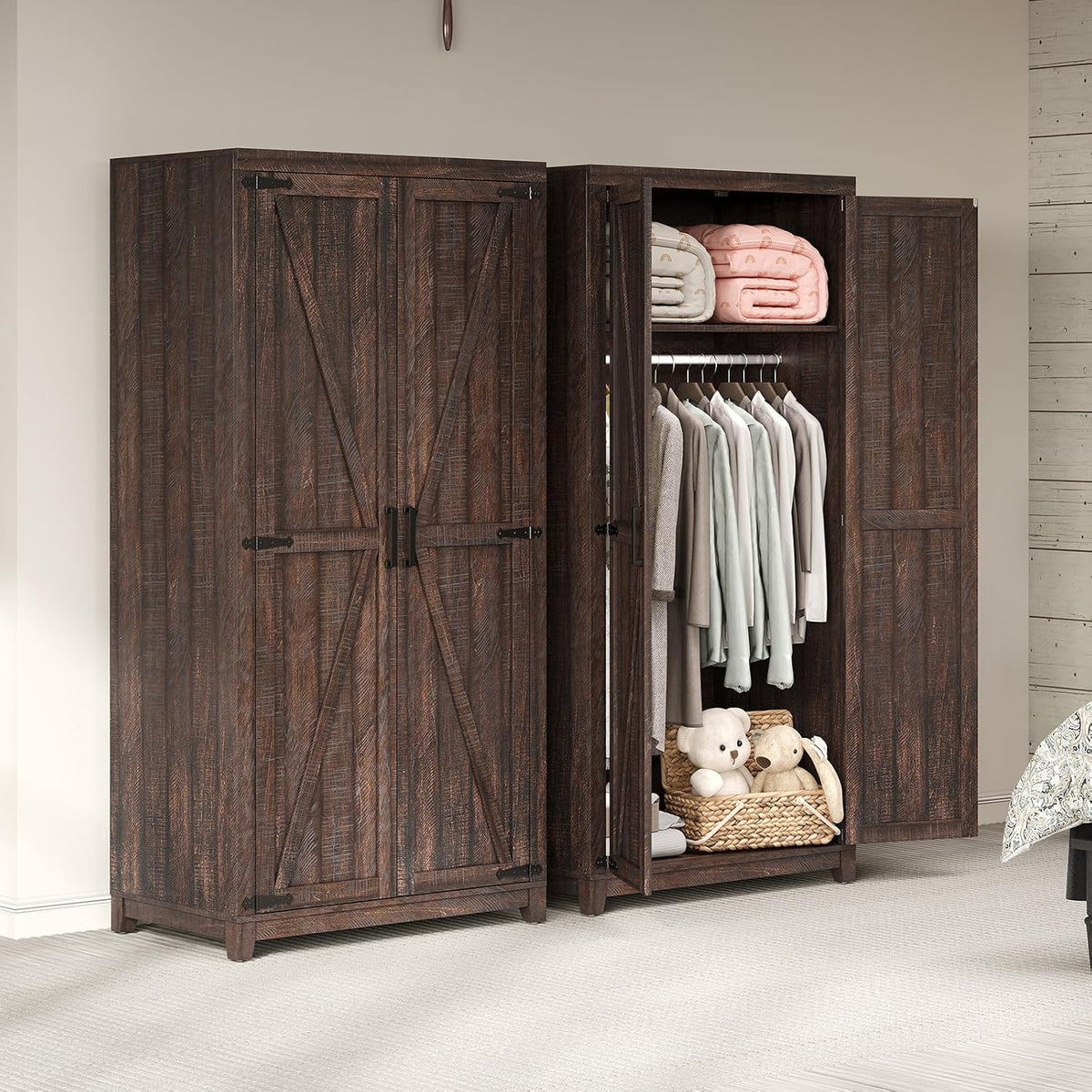 LUXOAK 70" Large Farmhouse Wardrobe Closet with Hanging Rod & Barn Doors | Wooden Bedroom Armoires with Shelf, Organized Wardrobe Cabinet for Clothing, Anti-Tip Kit, Tall Closet, Espresso