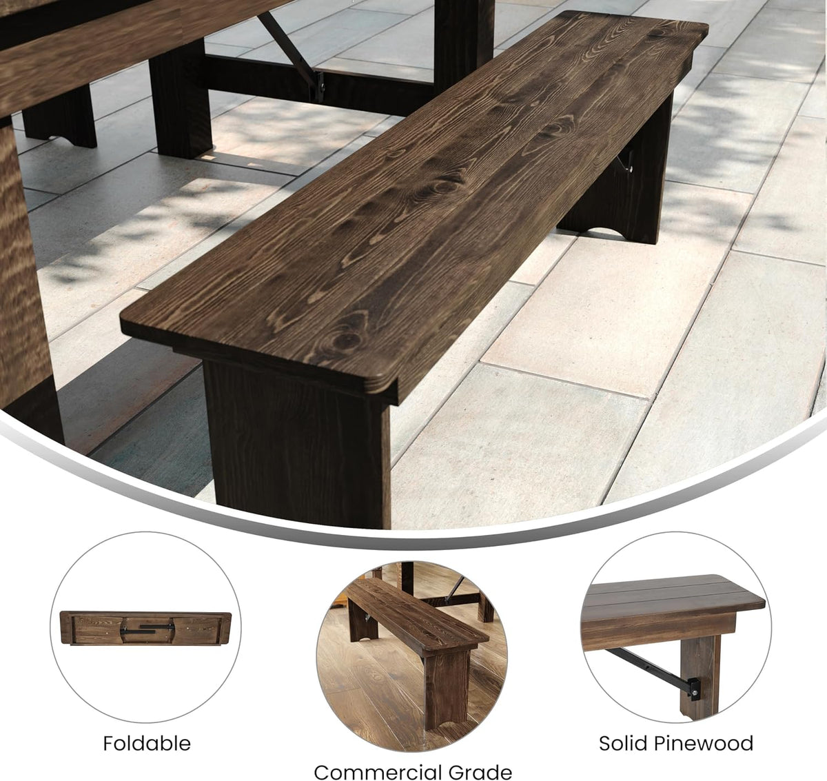 Flash Furniture Hercules 60x12 in Commercial Folding Bench, Rustic | Foldable Locking Legs, Farmhouse, Rustic