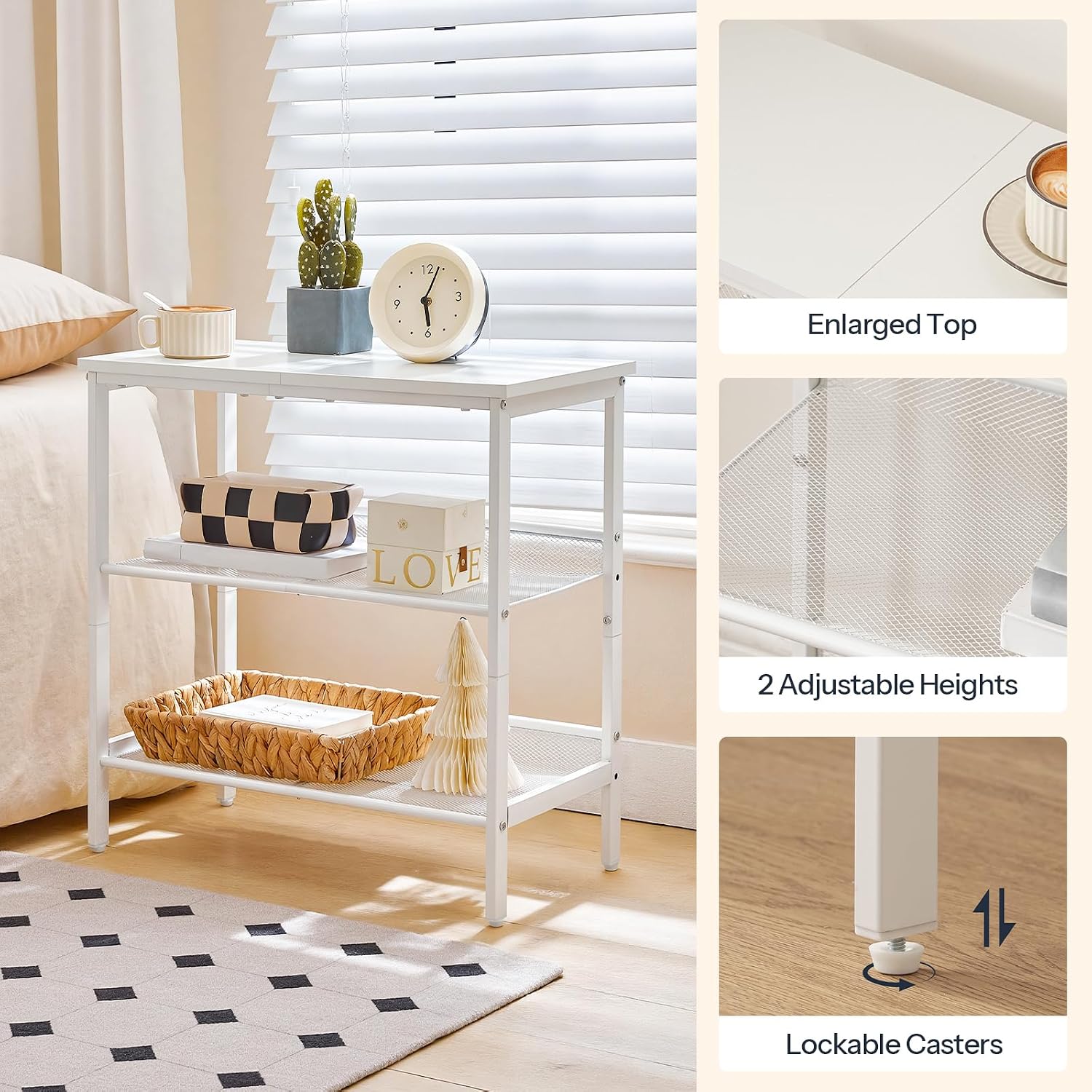 HOOBRO End Table, 3-Tier Narrow Side Table, Nightstand with 2 Flat or Slant Adjustable Shelves for Small Spaces, Hallway, Living Room, Bedroom, Sturdy, Easy Assembly, White WT23BZ01G1