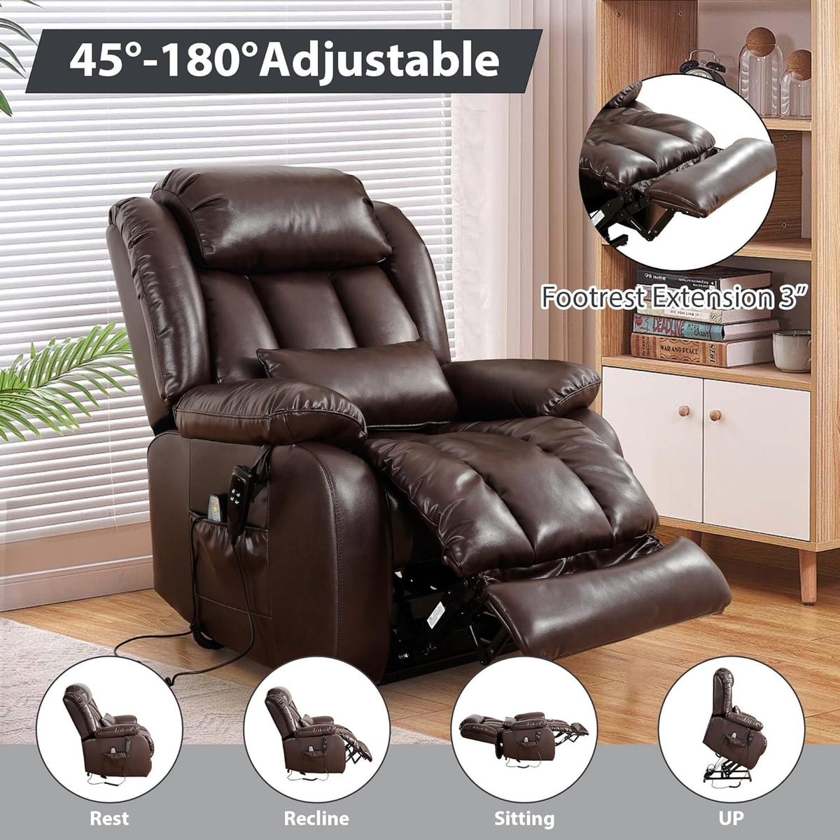 EDILLY XL Large Genuine Leather Lift Chair Recliner for Elderly, Dual Motor with Massage and Heating,with Double Lumbar Cushion and Extended Footrest,USB Port and Remote,Seat Width 26"(Brown)