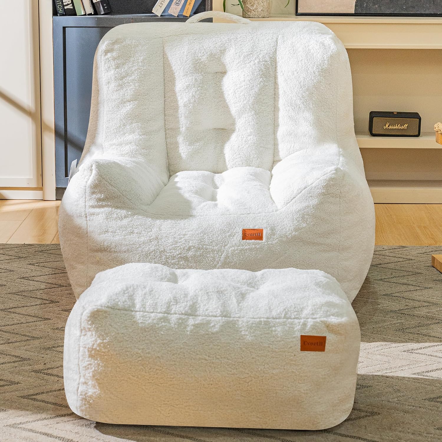 Cvortll Giant Bean Bag Chair for Adults with Ottoman, High-Density Oversized Bean Bag Sofa, Cozy Lazy Comfy Floor Sofa for Bedroom, Reading Chair for Living Room, White