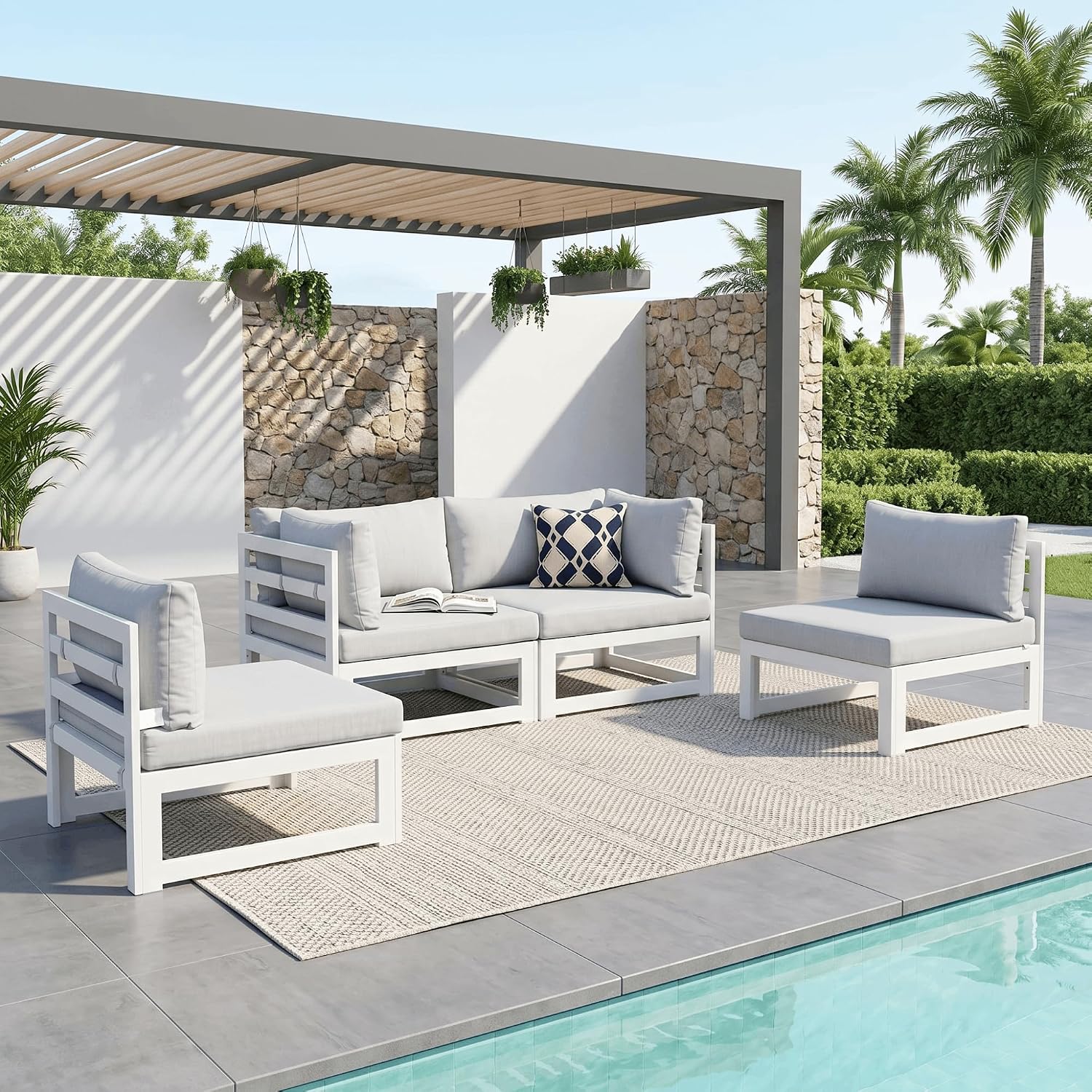 NICESOUL 4 Piece Patio Aluminum Furniture Set, 29" Oversized Wide Deep Seats Outdoor Sectional Sofa, 500 lbs Heavy Duty Modular Conversation Set for Balcony, Porch, Backyard and Poolside, Light Grey