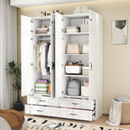 Armoire Wardrobe Closet with Doors: 89" Extra Tall White Wardrobe with Storage on Top, Bedroom Armoires with 4 Doors and 4 Drawers, Large Wood Closet Armoire for Hanging Clothes
