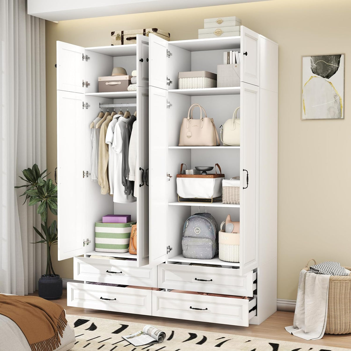 Armoire Wardrobe Closet with Doors: 89" Extra Tall White Wardrobe with Storage on Top, Bedroom Armoires with 4 Doors and 4 Drawers, Large Wood Closet Armoire for Hanging Clothes