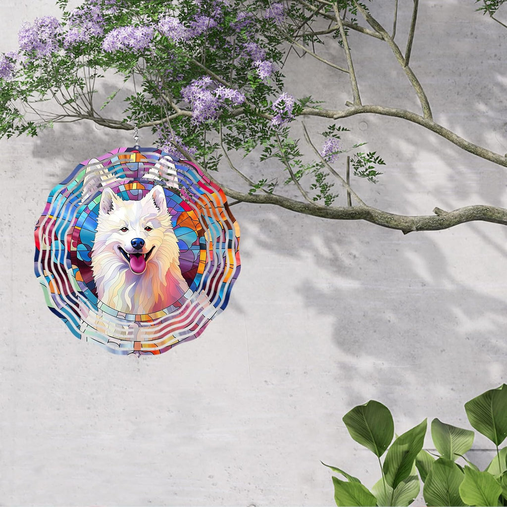 Samoyed Wind Spinner Pet Dog Memorial Gifts 3D Aluminum Metal Kinetic Hanging Wind Sculpture Spinners for Yard and Garden Indoor Outdoor Window Garden Decoration 8 Inch (Samoyed 1)