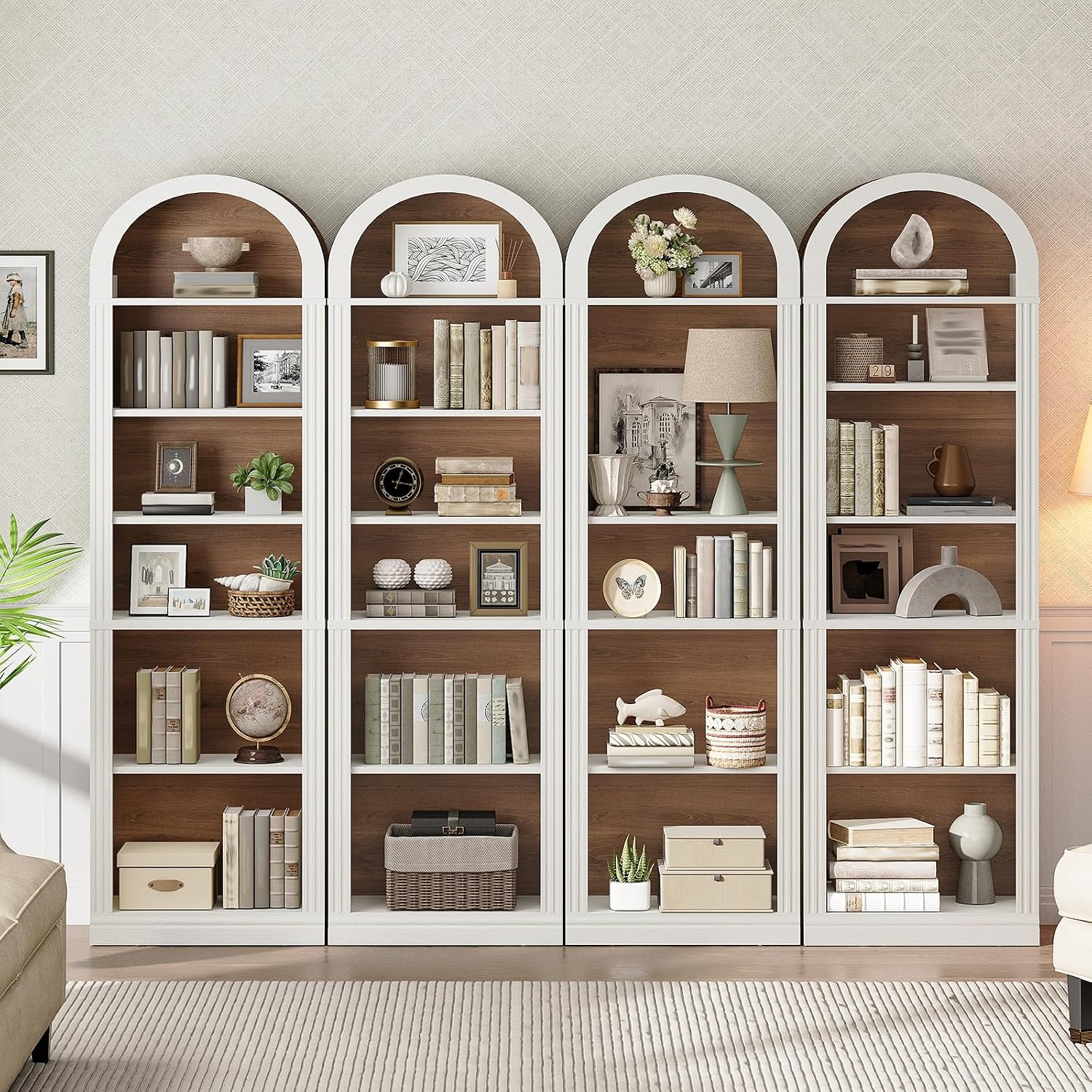 RALGEND Arched Bookshelf, 75.8" Tall Narrow Bookshelf, Arch Bookcase with Storage, 6-Tier Farmhouse Book Shelf, Wooden Arched Cabinet with Open Display Shelves, Adjustable Shelf, Walnut and White