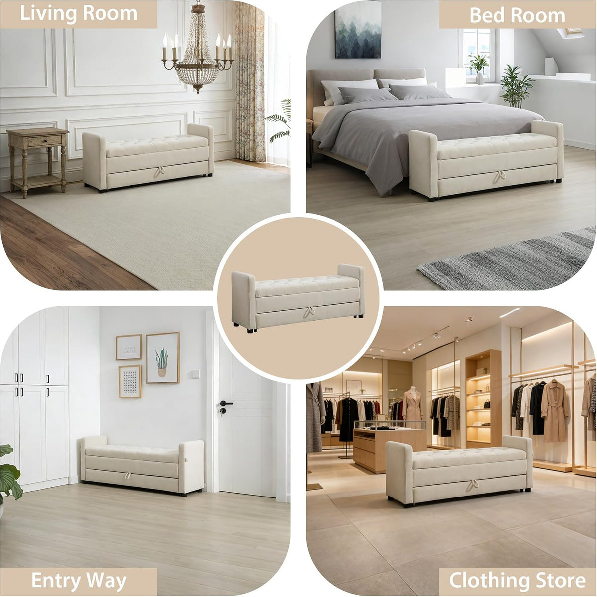 Chifee & Vingol 58.27" W Ottoman Bench with Double Storage Space, Upholstered End of Bed Storage Bench Entryway Shoe Benches,Beige