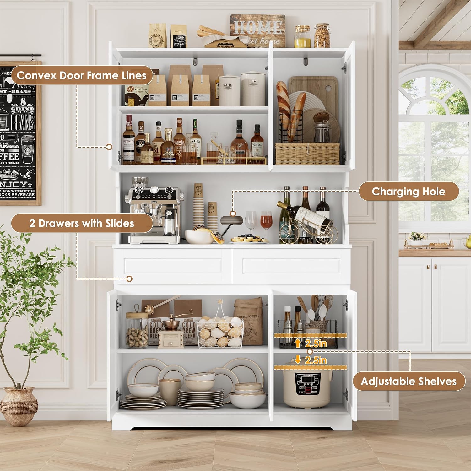 FACBOTALL 74" Pantry Cabinet, Tall Kitchen Pantry with 6 Doors & 2 Drawers | Kitchen Hutch with Wide Countertop, Modern Kitchens Cupboard with Adjustable Shelves and Charge Holes, White