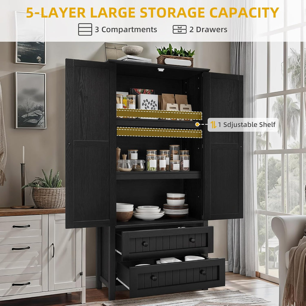 DWVO Farmhouse Kitchen Pantry Cabinet, 64.5" Tall Storage Cabinet with 2 Drawers and Adjustable Shelves, Versatile Storage for Living Room, Dining Room or Hallway, Oak Black