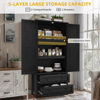 YITAHOME 64.5" Tall Kitchen Pantry Cabinet, Farmhouse Pantry Storage Cabinet with 2 Drawers & Adjustable Shelves, Ideal for Living Room, Kitchen or Hallway, Oak Black