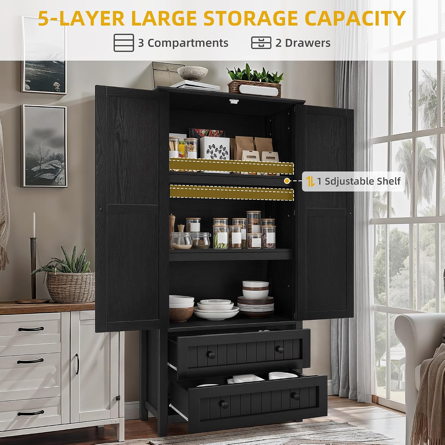 YITAHOME 64.5" Tall Kitchen Pantry Cabinet, Farmhouse Pantry Storage Cabinet with 2 Drawers & Adjustable Shelves, Ideal for Living Room, Kitchen or Hallway, Oak Black