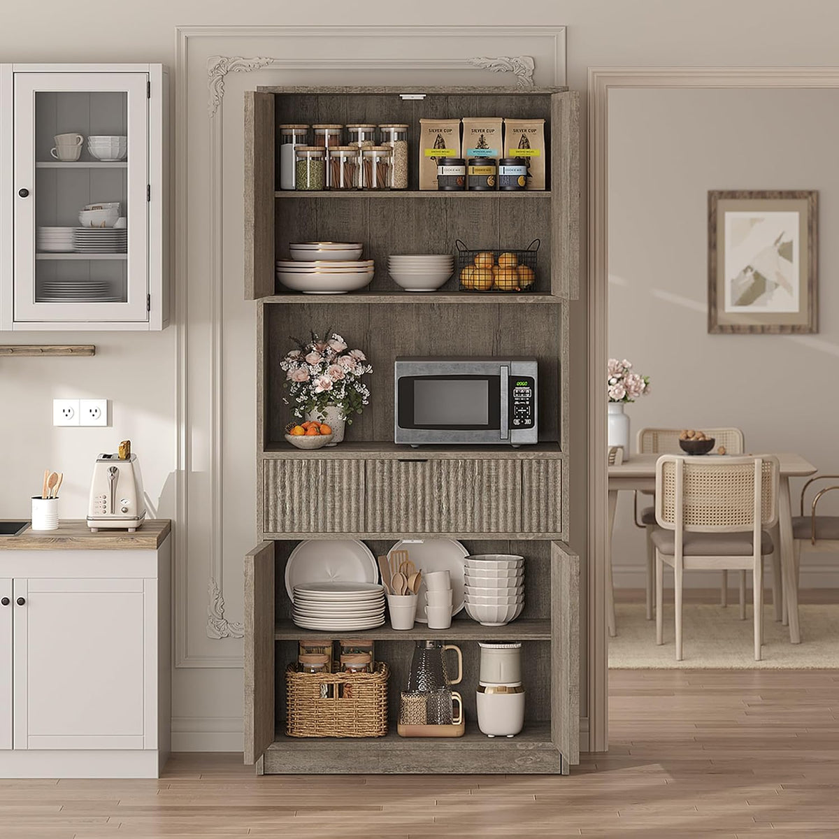 IDEALHOUSE Tall Storage Cabinet, 70" Kitchen Pantry Cabinet with Doors, Fluted Kitchen Hutch Cupboard with Microwave Shelf & Drawer, Freestanding Cupboard for Dining Room, Living Room, Gray