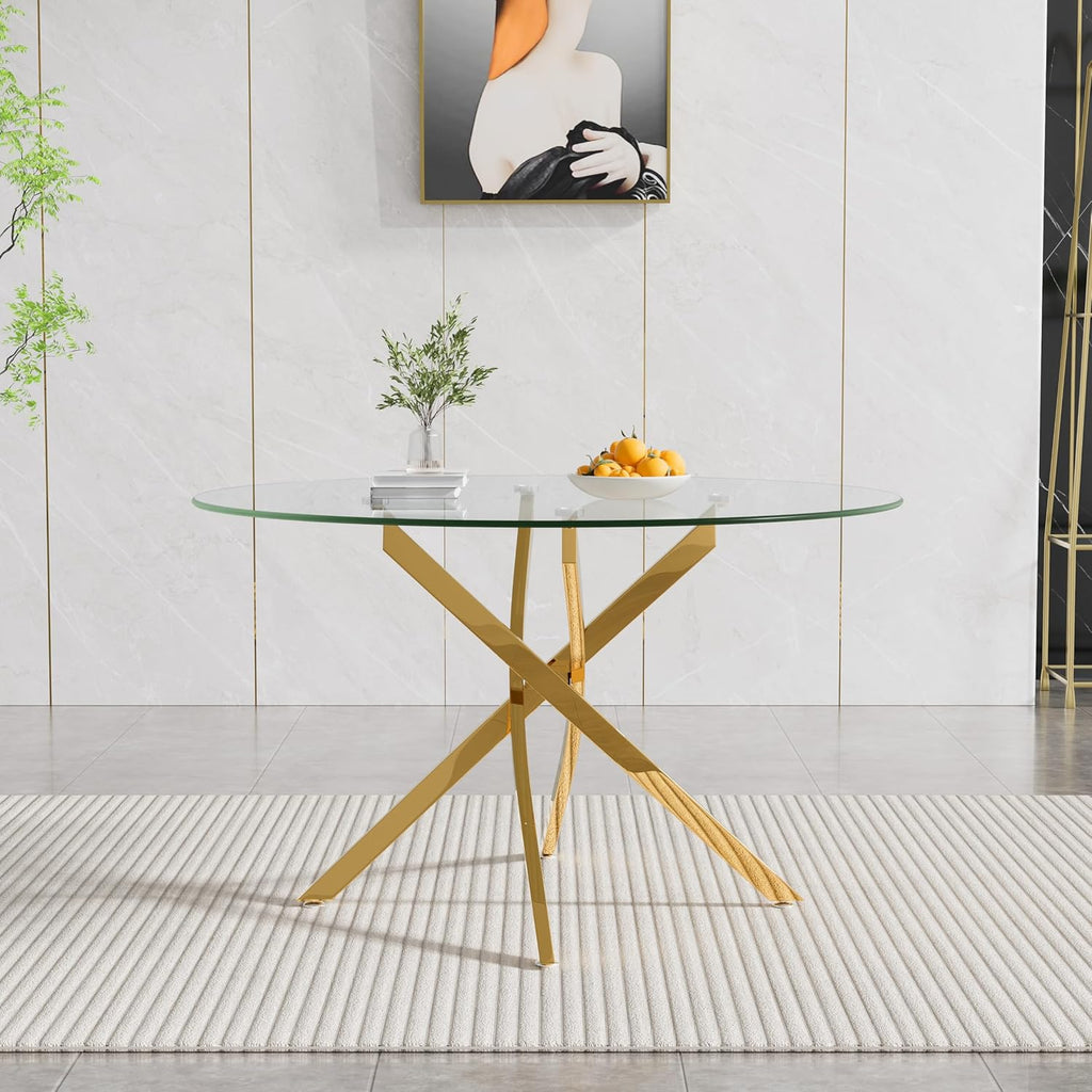 47.24" Round Dining Table for 6 8, Modern Clear Glass Kitchen Table for 6 with Gold X Metal Legs, Contemporary Circle Dining Room Leisure Tables for Kitchen Apartment
